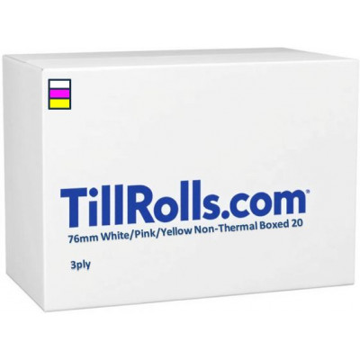 76mm 3 Ply Till Rolls White / Pink / Yellow Boxed 20 - TR064