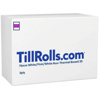 76mm 3 Ply Till Rolls White / Pink / White Boxed 20 - TR063